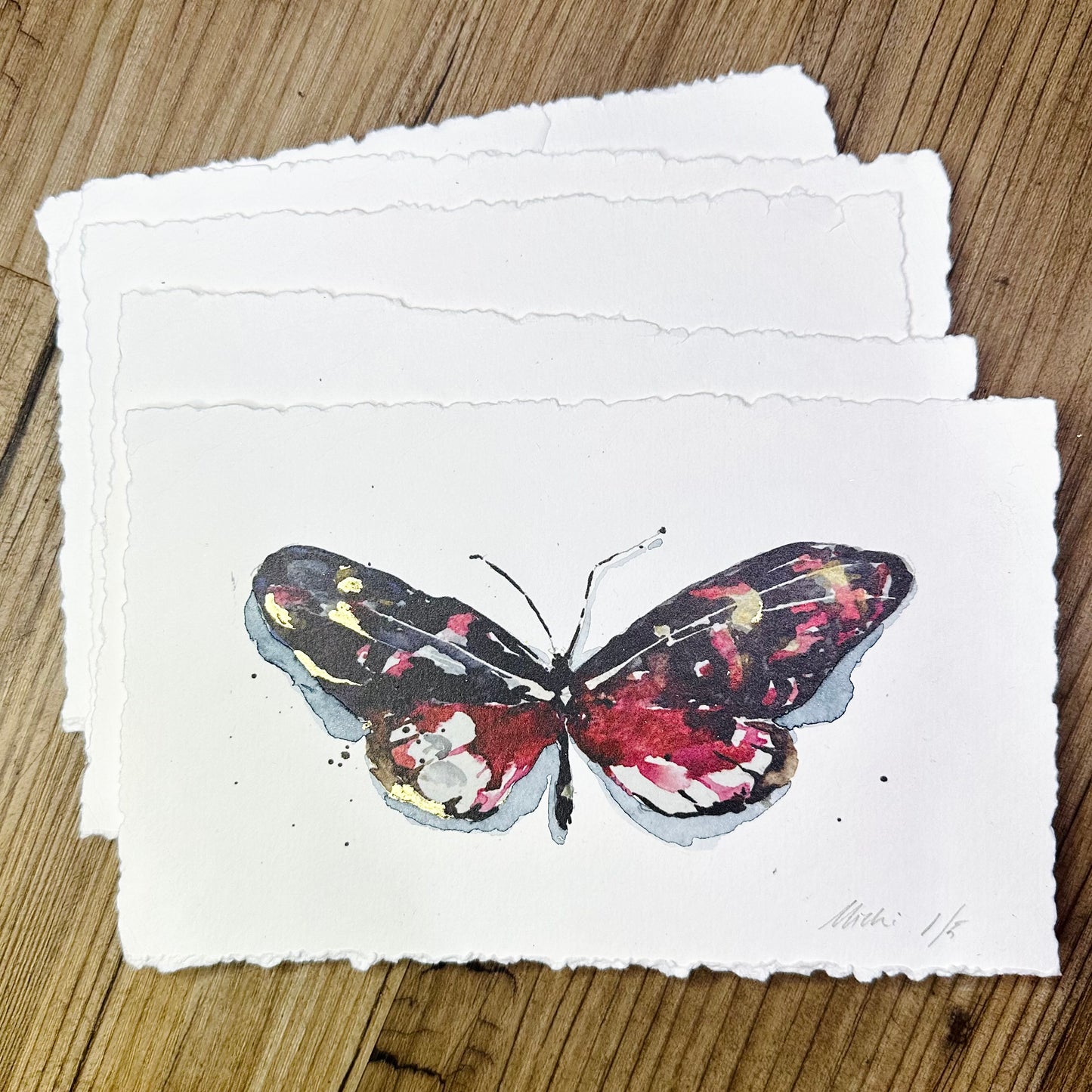Hand Embellished Print - Pink/Maroon Butterfly