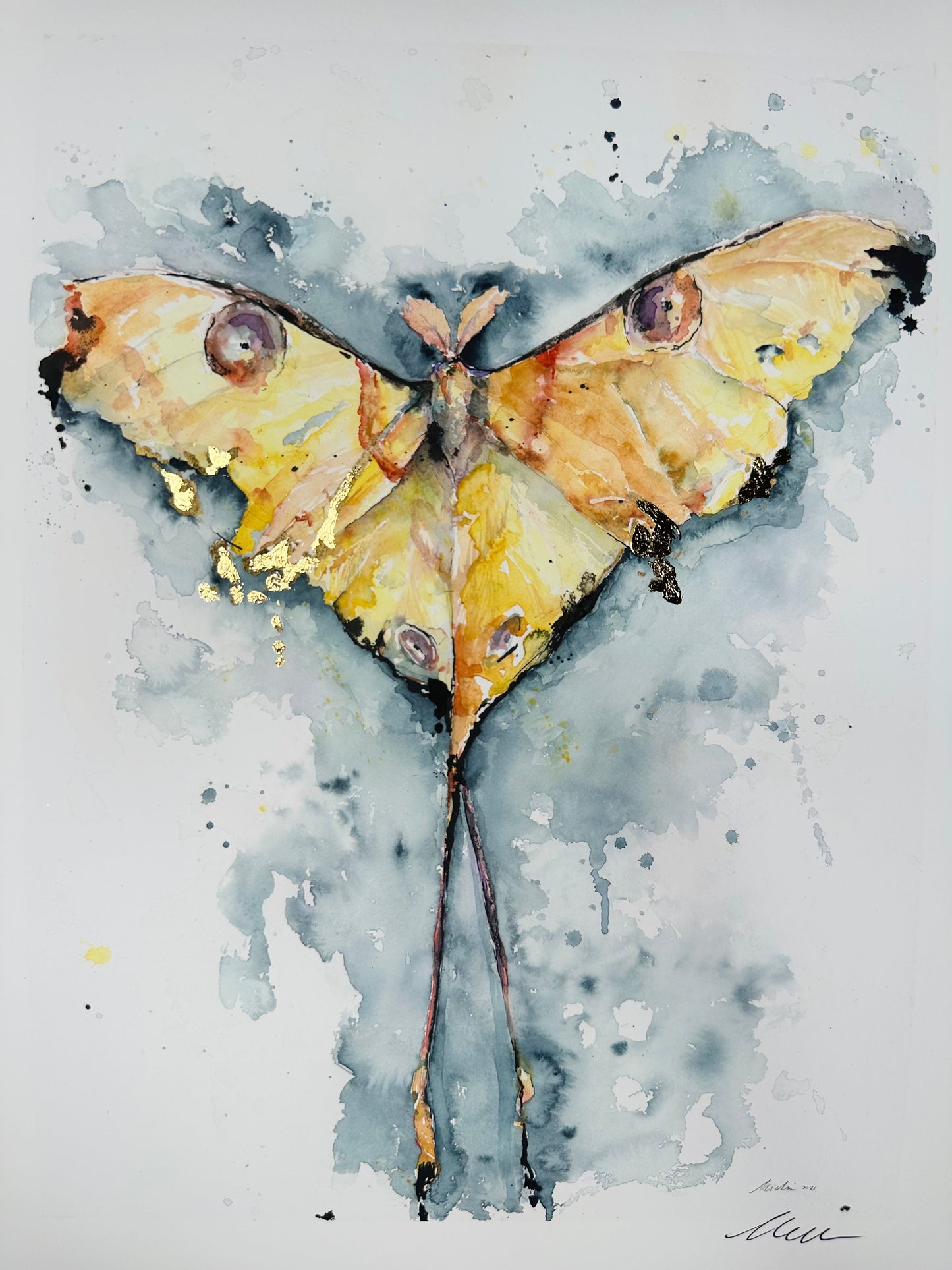 Watercolor painting of a butterfly with yellow wings and black spots on a light gray background.
